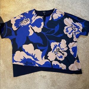 Ulla Popken Split Neck Stretchy S/S Bold Floral Top Blue Black Cream 32/34